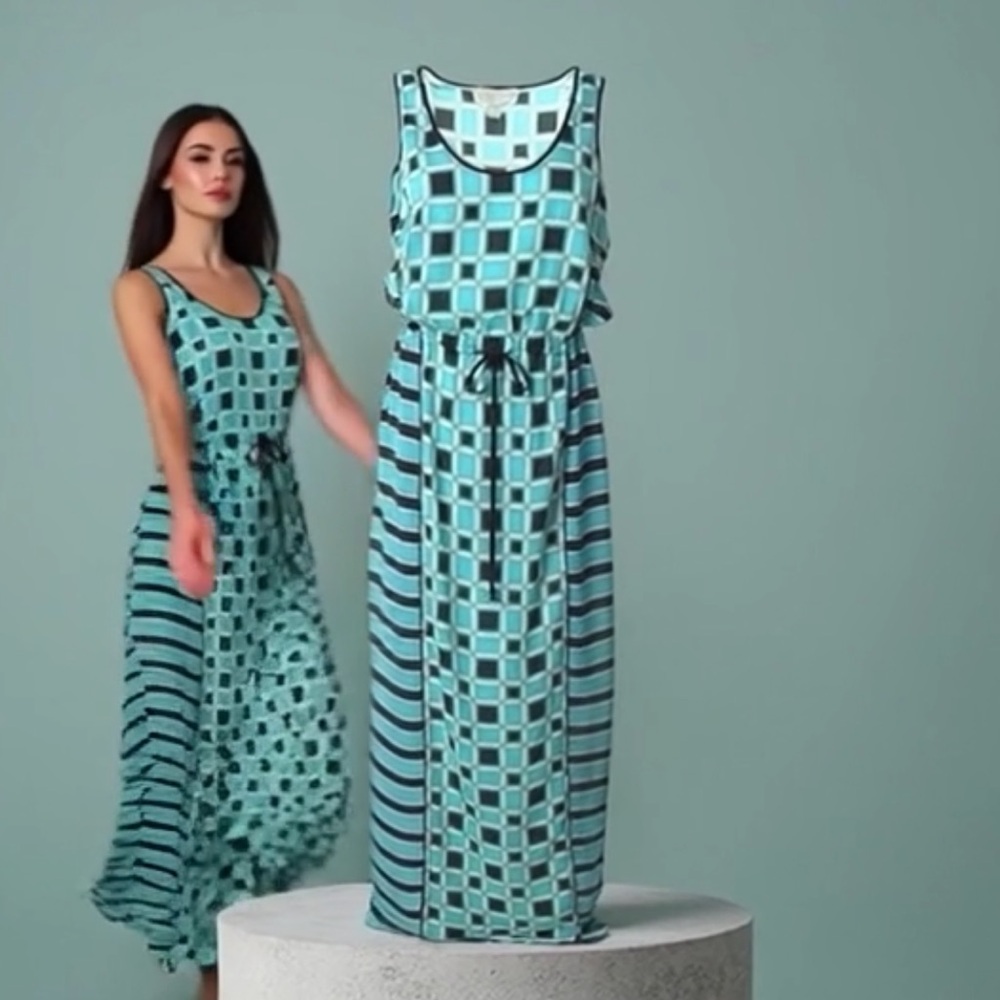 Michael Kors Dark Black & Green Checkered & Striped dress Size PL NWOT
